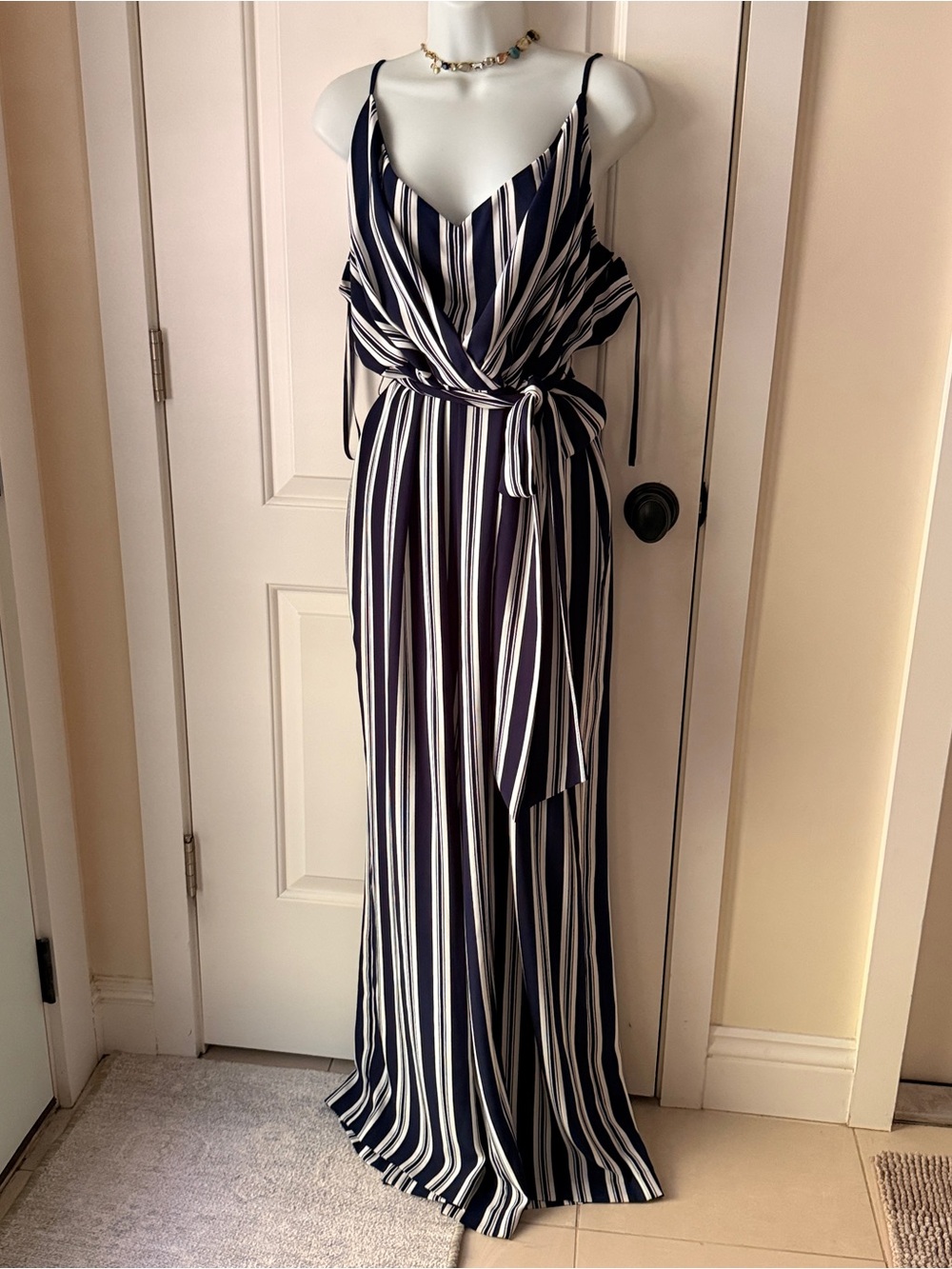 Ralph Lauren Navy & White Striped Tie-Waist Maxi Dress